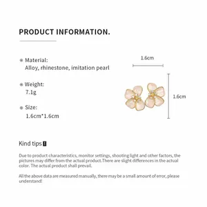 Detailed specs of pink flower stud earrings with rhinestones and imitation pearls detail