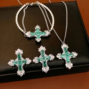Vintage Copper Cross Jewelry For Women Emerald Green Zirconia Inlaid Necklace Bracelet Earrings Set With Silver Earring Post And Artificial Pearl Accents