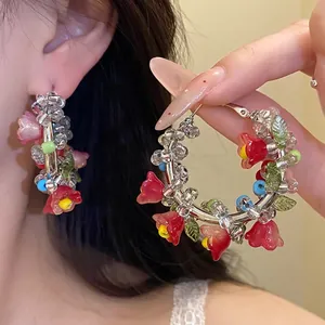Silver Needle Metal Glass Beaded Flower Hoop Earrings Forest Style Sweet Fresh Light Luxury Jewelry For Women