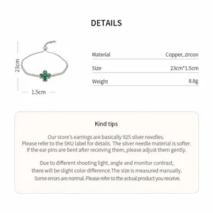 Product details showing size, weight, and copper material of the zircon flower bracelet.