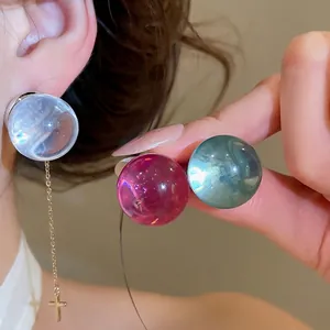Elegant icy translucent resin ball stud earrings in pink green and clear colors