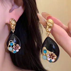 Orecchini Pendenti in Lega Vintage a Fiore con Strass per Donna Oro Nero Smaltato Gioielli Con Perno in Argento