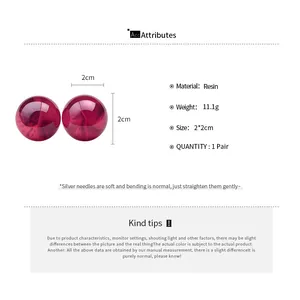 Detailed specs for translucent red resin ball stud earrings with silver needles