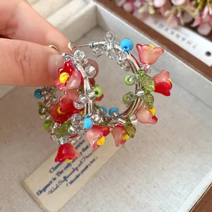 Handmade floral glass beaded hoop earrings with silver needles for women