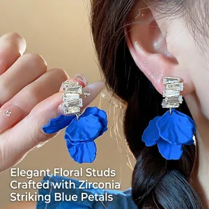 Pendientes de Botón Pétalo de Acrílico Azul Klein Con Poste de Plata de Ley 925 Elegante Strass Joyas de Moda para Mujer