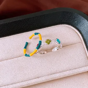 Anello Aperto in Smalto a Forma di Fiore e Nodo di Bambù Minimalista in Rame Strass Regolabile per Donna Gioielli di Moda