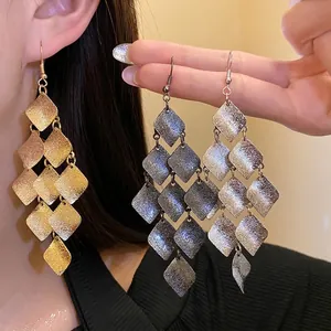Vintage Matte Metal Rhombus Tassel Drop Earrings For Women Fashion Minimalist Matte Gold Silver Black Earrings Jewelry Gift