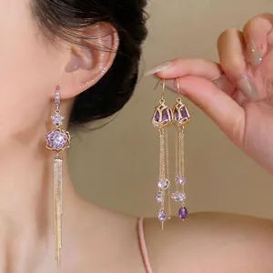 Korean 18k Gold Plated Tulip Zirconia Tassel Earrings For Women Minimalist Luxury Silver Earring Post Long Dangle Earrings