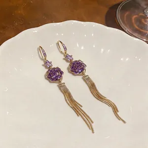 Elegant 18k gold plated purple rose tassel earrings with shimmering zircon stars