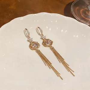 18K gold plated tulip dangle earrings with sparkling zircons and elegant long gold tassels
