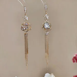 Elegant 18k gold plated tulip earrings with sparkling zircons and delicate long tassels