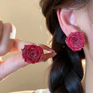 Handmade Real Rose Flower Stud Earrings with 925 Sterling Silver Post Resin Wrapped Floral Jewelry for Women Sweet Elegant