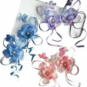 Chiffon flower hair clips with satin ribbons for Hanfu in blue purple and pink colors