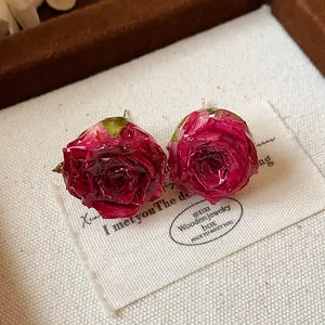 Exquisite real rose stud earrings with silver needles in a romantic vintage style