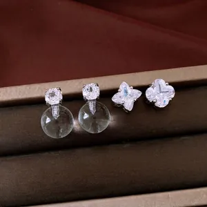 Asymmetric Silver Earring Post Zirconia Flower Stud Earrings For Women Lucky Clover Glass Ball Dangle Earrings Fashion Jewelry