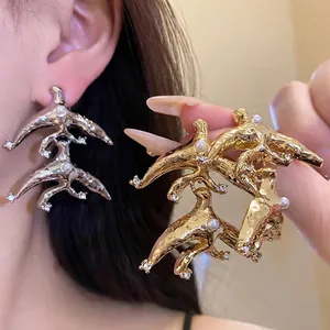 Vintage Alloy Geometric Bird Drop Earrings With Silver Earring Post Artificial Pearl Rhinestone Luxury Jewelry For Women