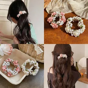 Sweet Artificial Pearl Flower Hair Tie Forest Style Elegant Satin Floral Scrunchie For Women Girls Fairy Hair Accessories
