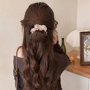 Elegant white pearl and pink fabric flower hair tie for women in sweet mori style