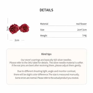Detailed specifications of red real rose flower stud earrings with 925 silver needles