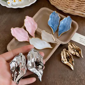 Exaggerated Metallic Texture Leaf Stud Earrings For Women Vintage Gold Silver Pink Blue White Enamel Alloy Earrings With 925 Sterling Silver Post Jewelry