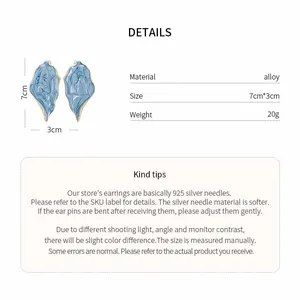 Detailed specifications for blue textured alloy earrings with size and material info