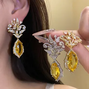 Vintage 18K Vergoldet Kupfer Blumen Ohrhänger Mit Marquise Gelbem Zirkonia Silber Ohrringpfosten Für Damen