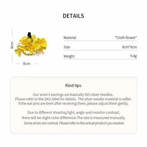 Product details for cloth flower hair clip with size and weight specifications