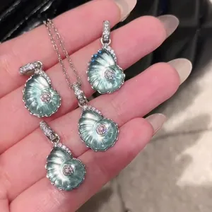 Light Luxury Mint Green Conch Stud Earrings Copper Necklace Set Zirconia Inlaid Simple Fashion Jewelry For Women Daily Gift