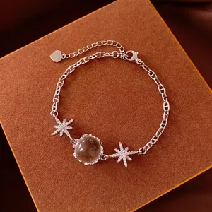 Braccialetto Vintage Stella e Vetro Circolare per Donna Design Lusso Leggero Zirconia Intarsiata Rame Placcato Argento