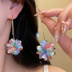 Sweet Seaside Vacation Multicolor Flower Ball Pendant Ear Hook Earrings Artificial Pearl Resin Petal Jewelry For Women
