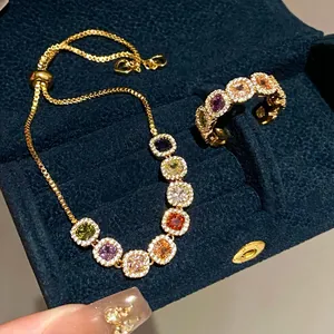 French Vintage 14K Gold Plated Copper Colorful Zirconia Ring Bracelet Set Adjustable Open Finger Ring Luxury Women Jewelry