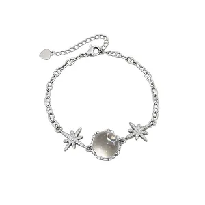 Bracciale vintage argentato con stelle in zircone e ciondolo rotondo in pietra di vetro