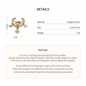 Detailed size and material specifications for gold star pendant ear cuff with zircon stones