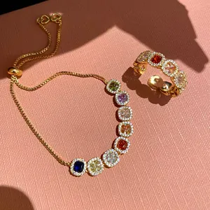 Detail view of 14k gold plated jewelry set with vibrant multi-colored zircon stones