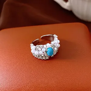 Vintage Copper Zirconia Oval Ring For Women Artificial Pearl Light Luxury Open Adjustable Finger Ring Hand Jewelry Gift