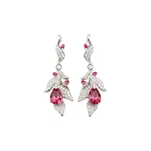 Elegant silver leaf drop earrings with sparkling teardrop red cubic zirconia for women