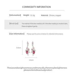 Detailed view of silver needle stud earrings with zircon teardrop leaf design and size data
