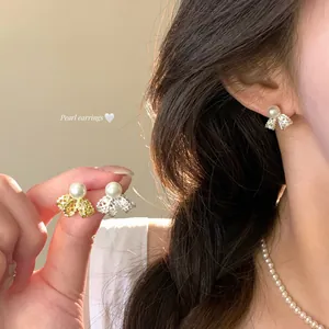 Sweet Bowknot Artificial Pearl Stud Earrings For Women 18K Gold Plated Silver Earring Post Minimalist Lightweight Elegant Ear Jewelry