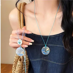 Summer Beach Blue Rope Artificial Pearl Necklace For Women Boho Ocean Shell Starfish Pendant Resort Fashion Jewelry Gift