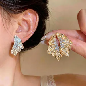 18K Gold Plated Copper Pleated Geometric Stud Earrings With Zirconia 925 Sterling Silver Earring Post For Women Luxury Jewelry