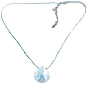 Fresh summer blue cord necklace with an iridescent teardrop shell pendant for women