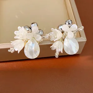 Women Elegant Artificial Pearl Shell Flower Water Drop Stud Earrings Glass Bead Electroplated Jewelry Silver Earring Post