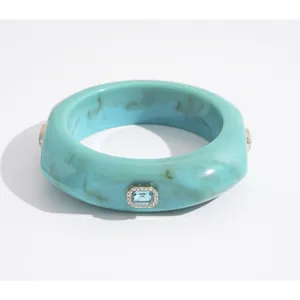 Vintage turquoise marbled resin bangle with crystal-encrusted blue gemstone inlay