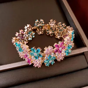 Vintage 18K Gold Plated Zirconia Flower Bracelet For Women Elegant Multi Color Floral Bangle Light Luxury Jewelry Hand Accessory
