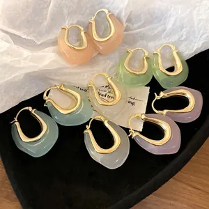 Women Korean Style U-Shaped Jelly Color Resin Hoop Earrings Elegant Gold Plated Minimalist Summer Jewelry For Daily Dating