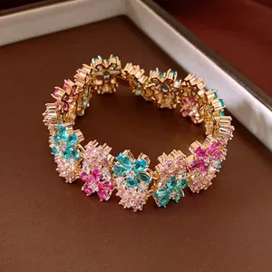 Luxury 18k gold plated flower bracelet with colorful sparkling multi-stone zircon crystals