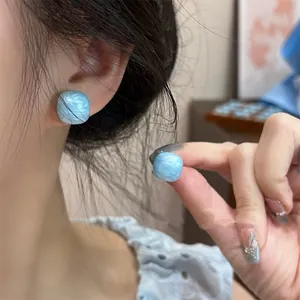 Korean Minimalist Square Resin Drip Oil Stud Earrings With Silver Earring Post Light Luxury Blue Pink Stud Earrings For Women