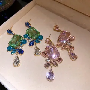 Vintage style square gemstone drop earrings with sparkling blue and pink crystals