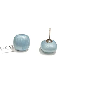 Elegant minimalist light blue square drip oil stud earrings with silver needles for women
