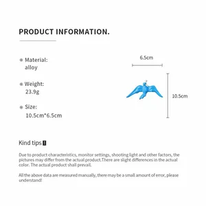 Product detail view showing blue swallow brooch measurements and alloy material